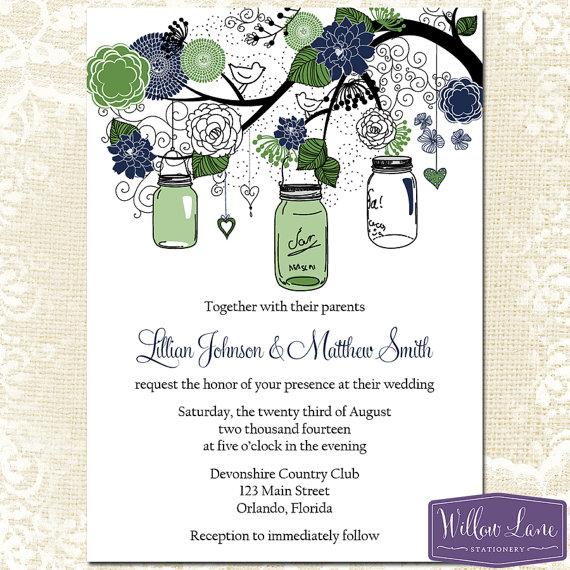 زفاف - Mason Jar Wedding Invitation - Green and Navy Blue Mason Jar Wedding Invite - Rustic Wedding Invitation Wedding - 6026 PRINTABLE
