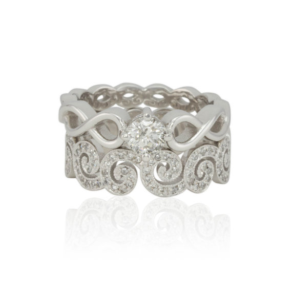 زفاف - Diamond Infinity Twist Engagement Ring and Swirling Diamond Pave Band in White Gold - LS4204