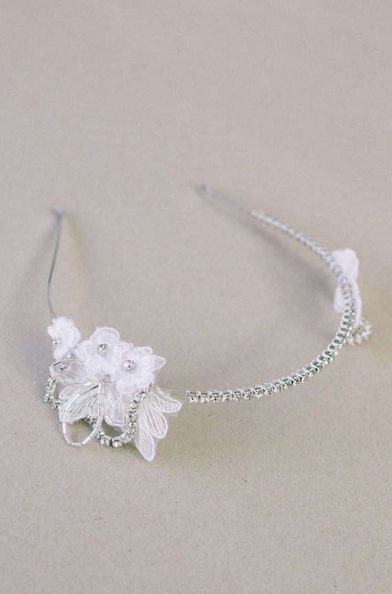Wedding - Bohemian silver crystal rhinestone and white lace bridal headpiece headband