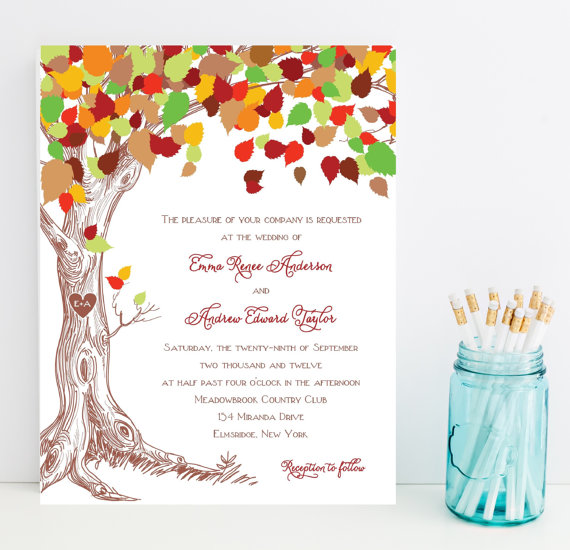 Wedding - Woodland Wedding Invitations -Carved Initials, Outdoor, Fall Wedding Invitation