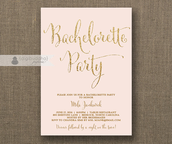 Свадьба - Blush Pink & Gold Bachelorette Party Invitation Glitter Modern Script Bridal Party Lingerie FREE PRIORITY SHIPPING or DiY Printable - Mila
