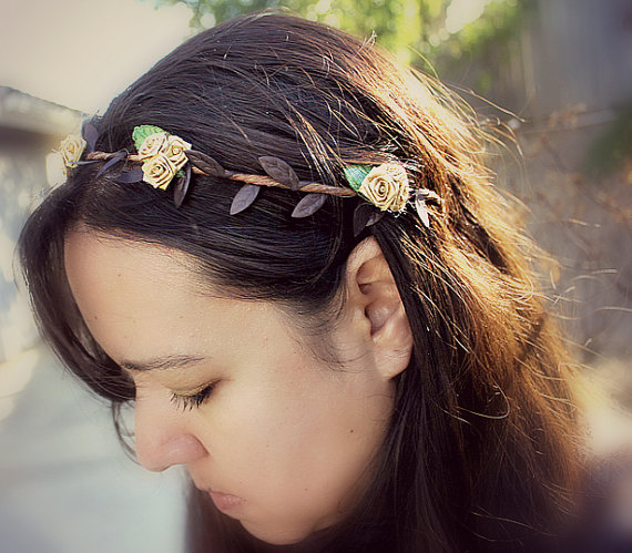 Свадьба - Gold Rose Bohemian Halo. Floral Crown, Flower Hair Crown. Woodland, Wedding, fall, autumn, Boho, Bridal, Hair Accessories, woodland