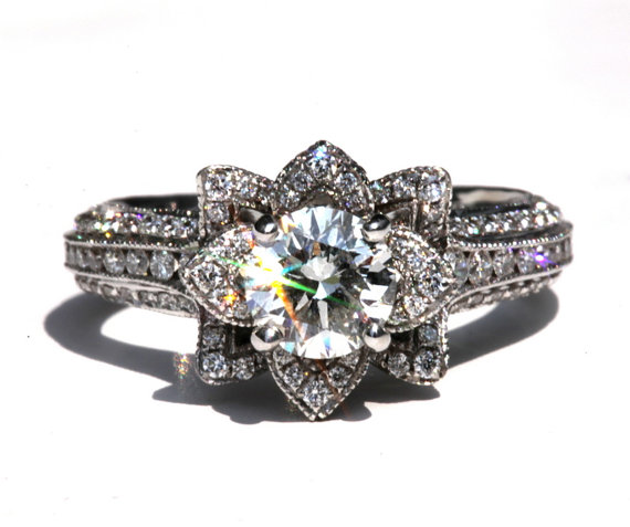 Hochzeit - MILGRAIN - Gorgeous UNIQUE Flower Lotus Rose Diamond Engagement Ring Semi mount SETTING only - fL04