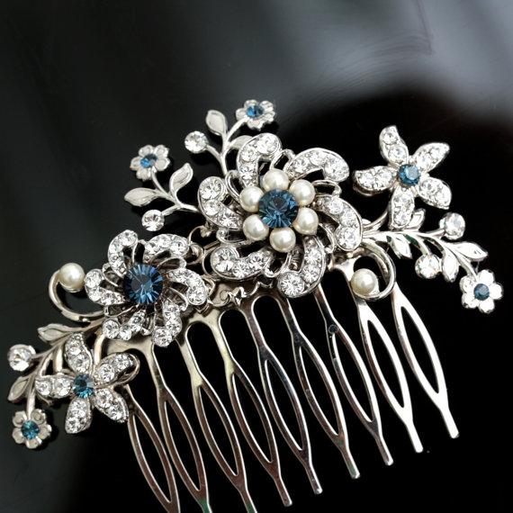 Свадьба - Wedding Hair Comb Blue Wedding Hair Accessories Something Blue Pearl Rhinestone Flowers   SABINE Choose your Blue