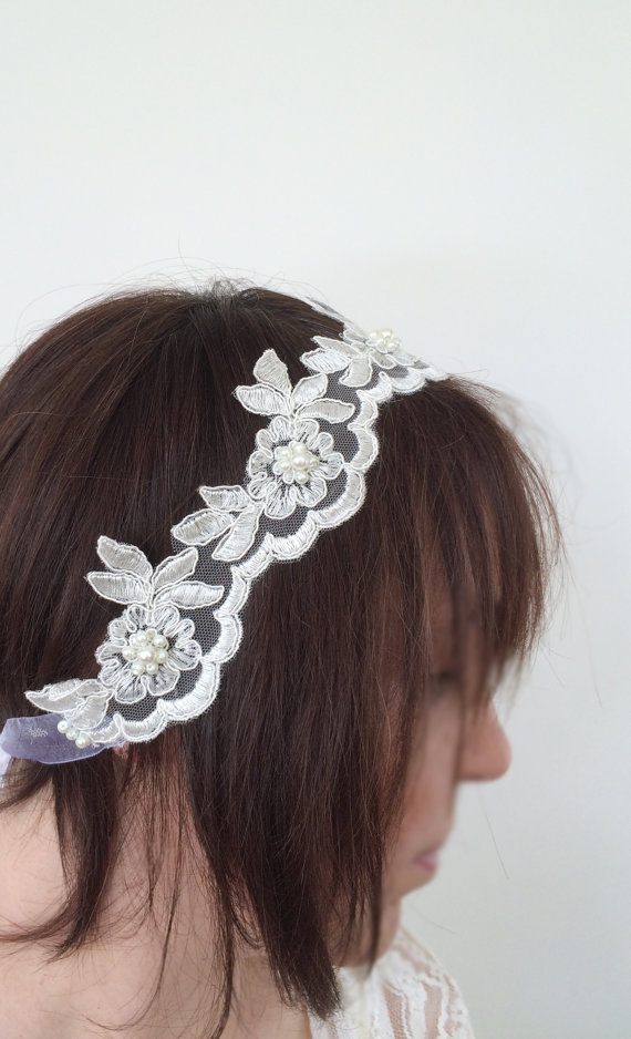 Hochzeit - Bridal Lace Headband, Pearls Embroidered Lace Wedding Hairband, Bridal Headpiece, Beadwork, Fast Delivery