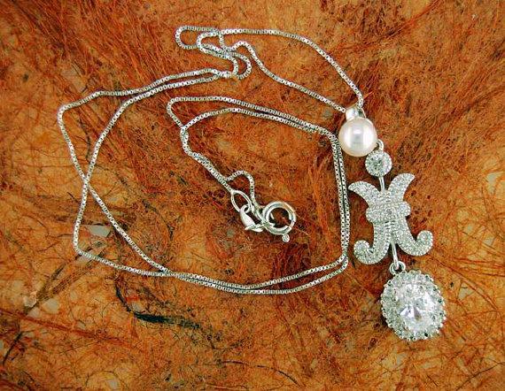 Mariage - Clear Cz and Faux Pearl Pedant with Chain  - 100% Sterling Silver - Gift idea - Wedding Jewelry