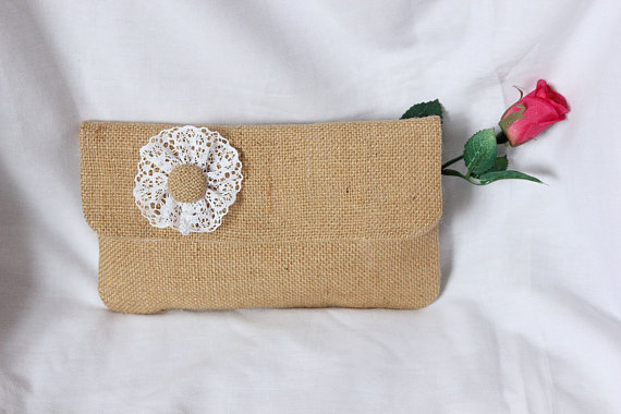 Hochzeit - Wedding clutch bag - burlap and lace with magnetic closure, bridal clutch, bridesmaids clutch bag for or hessian wedding, rustic wedding