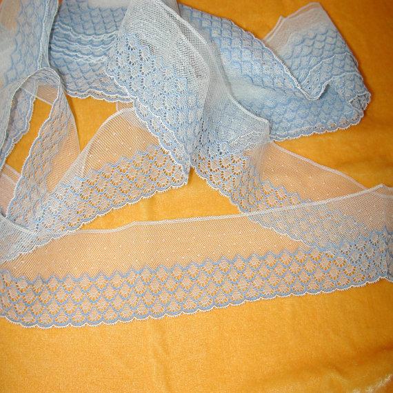 Hochzeit - Antique Vintage Blue/White Embroidered Tulle/Netting Lace; 2-1/4" x 8.5 Yards;  PRISTINE