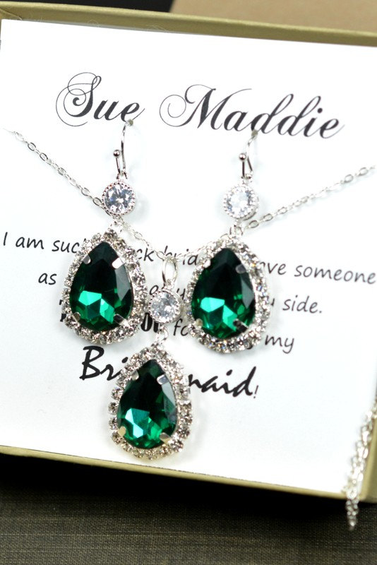 Wedding - Bridesmaid jewelry Green emerald  silver Earrings & Necklace SET ,Drop, Dangle, Glass Earrings, bridesmaid gifts,Wedding jewelry