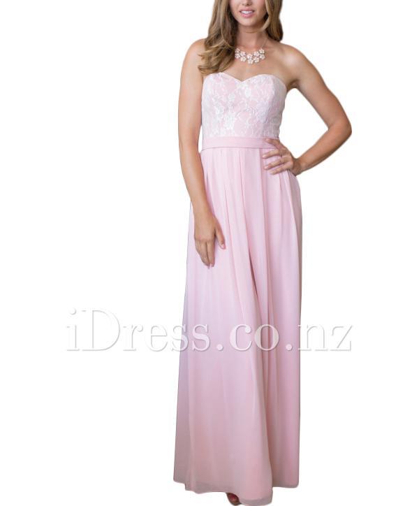 زفاف - Sweetheart Lace and Chiffon Strapless Pink Floor Length Bridesmaid Dress