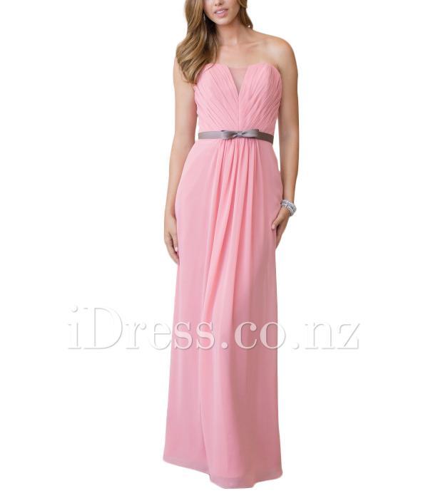 Hochzeit - Pink Strapless Chiffon A-line Floor Length Bridesmaid Dress with Bow Belt
