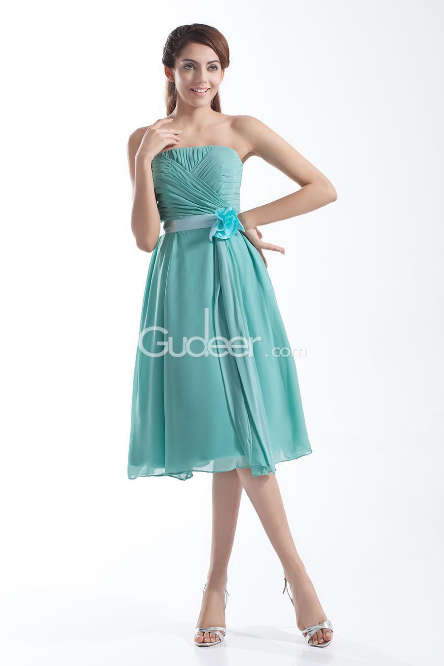 زفاف - Aqua Chiffon Strapless Straight Neck Knee Length Bridesmaid Dress