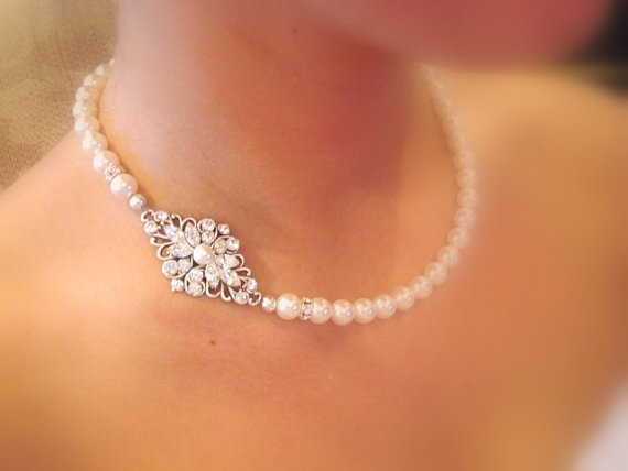 زفاف - Bridal Pearl Necklace, Vintage Style Necklace With Swarovski Ivory Pearls And Swarovski Crystals, Wedding Jewelry
