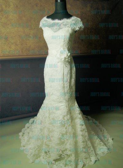 Wedding - JW12135F Flare fitted Lace overlay mermaid wedding dress with cap sleeves
