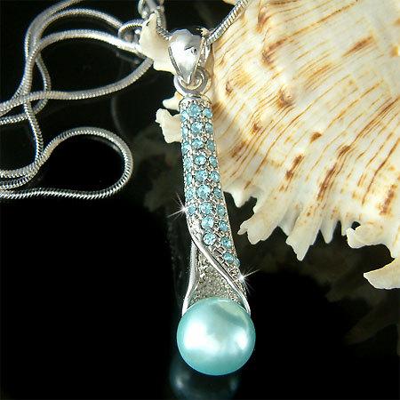 زفاف - Swaroski Crystal Wedding Aqua Blue Pearl Scepter Simple Bridal Pendant Necklace