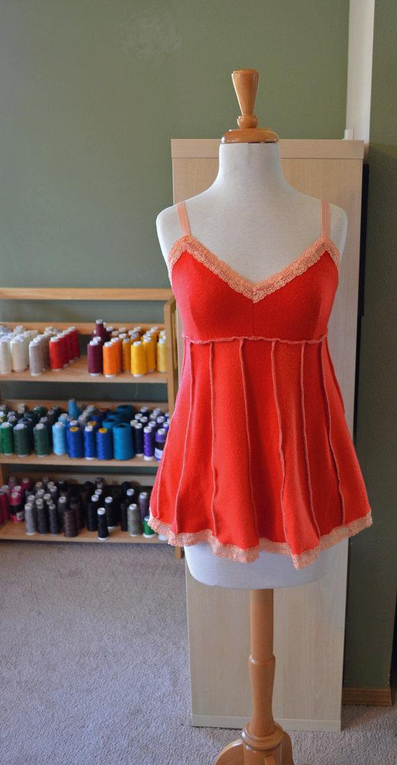 Wedding - Cashmere Sleepwear Luxury Lingerie Orange Peach Coral Unique Women's Babydoll Teddy Lounge Sexy Camisole Lace Upcycled Clothing OOAK S/M