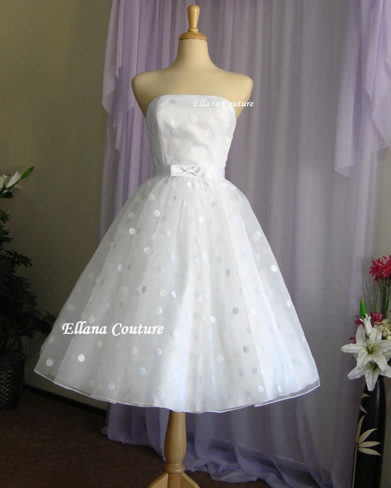 Wedding - READY TO SHIP. Faye - Vintage Style Polka Dot Wedding Dress. Tea Length.