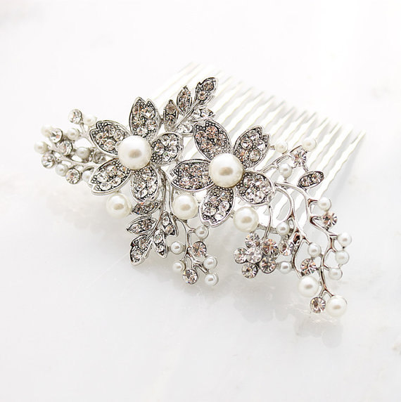 Mariage - Crystal Pearl Hair Comb Bridal Hair Accessories Gatsby Old Hollywood Wedding Hair Comb for Bride Wedding Jewelry Accessory
