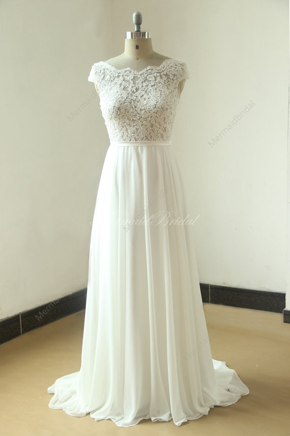 Wedding - Ivory A line chiffon see thru sheer lace wedding dress with scallop back