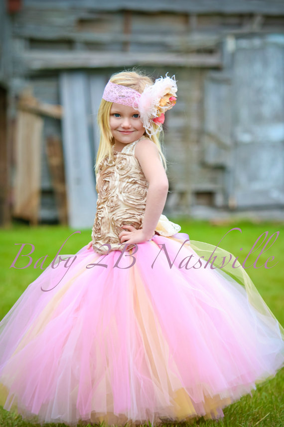 Mariage - Pink and Gold Flower Girl Dress Lace Handmade Wedding Flower Girl  Dress Lace Tutu Flower Girl Dress  All Sizes  Girls