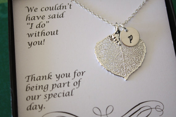 Wedding - 7 Silver Personalized Bridesmaids Gifts, Bridesmaid Necklace, Real Leaf, Thank You Card, Initial Jewelry, Sterling Silver Charm