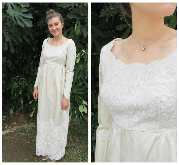 Hochzeit - 60s Vintage Satin and Lace Ivory Winter White Wedding Dress Gown column long sleeve empire waist 