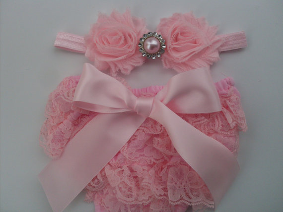 زفاف - Pink Baby Lace Bloomer Set, Lace Baby Bloomers, Baby Diaper Cover, Lace Petti Romper,Baby Bloomers,Baby Headband, Newborn Bloomers