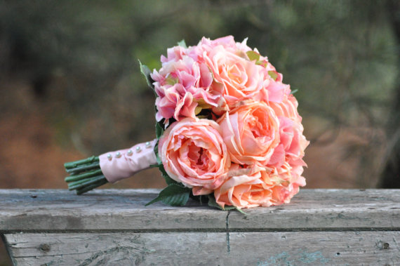 Wedding - Silk Wedding Bouquet, Wedding Bouquet, Keepsake Bouquet, Bridal Bouquet, Coral Rose and Pink Hydrangea Wedding Bouquet made of silk flowers.