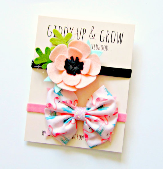 زفاف - Felt Flower Headband Set- Tropical Flamingo Baby BOw, Bohemian Baby, giddyupandgrow