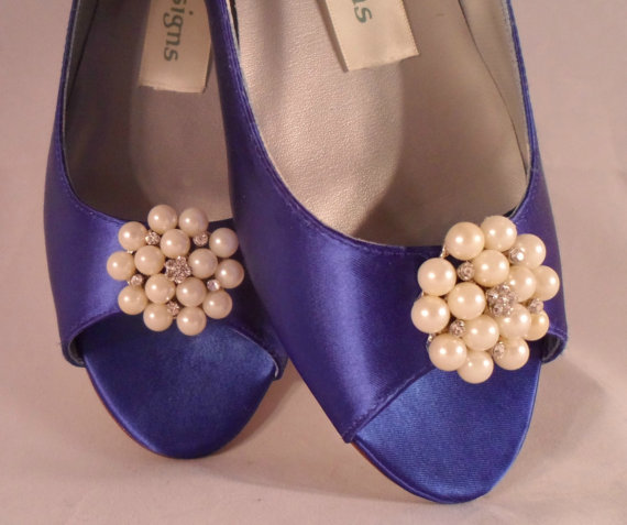 زفاف - Cobalt Blue Satin Wedding Shoes Bridal Wedge Open Toe With Pearls and Crystals Bridal Shoes Red Satin, Ruby Red Slippers