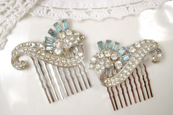 Mariage - PAIR Aqua Blue Art Deco Rhinestone Bridal Hair Combs, Great Gatsby Pave Fur Clips to OOAK Accessory 1920s Flapper Vintage Wedding Hairpiece