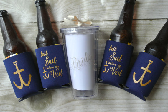 Свадьба - Set Sail Koozie & Tumbler Package - Last Sail Before the Veil Bachelorette Party Cruise Koozie Favors, SHIPPING 6/7