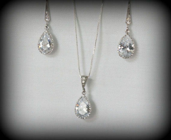 Wedding - Set of 4 Crystal Bridesmaid Jewelry Set Crystal Bridal Jewelry Set Crystal Pendant and Earrings Wedding Jewelry Set