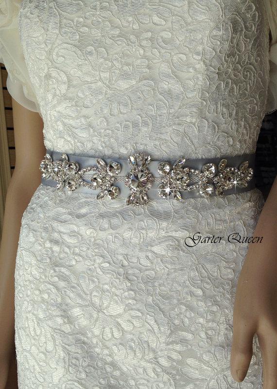 Hochzeit - PAULETTE - Bridal sash , Bridal belt , Crystal Wedding sash  - satin ribbon with crystal and rhinestone beaded applique sash, custom color