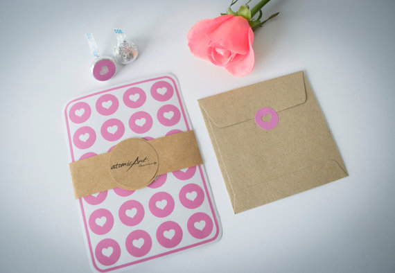 Wedding - 24 Heart Stickers in Rose Pink - Handmade Envelope Seals - Wedding invitations & favours - Baby Shower - Scrapbooking -  Hershey Kiss