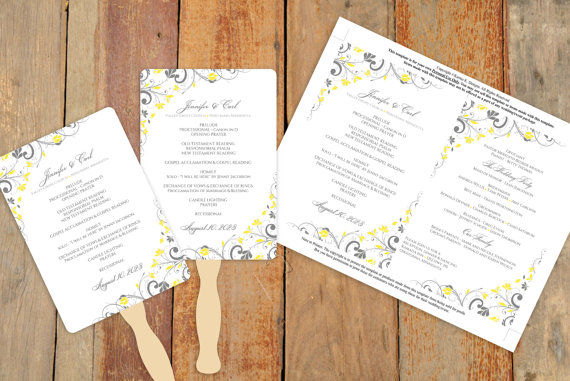 زفاف - DiY Wedding Fan Program Template - DOWNLOAD Instantly - EDITABLE TEXT - Chic Bouquet (Yellow & Gray) 5 x 7 - Microsoft® Word Format