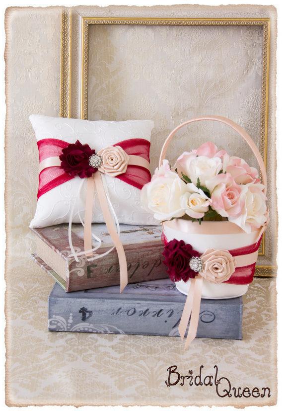 Mariage - Wine and Blush Flower Girl Basket, Wedding Ring Bearer Pillow, Wedding Ring Pillow, Wedding Pillow, Flower Girl basket, Custom Color