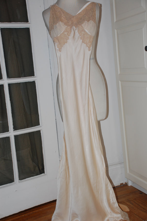 Свадьба - 40s Nightgown, Champagne, Satin, Lingerie, Lace, Chiffon, Bias Cut, Bridal, Trousseau, Size S/M