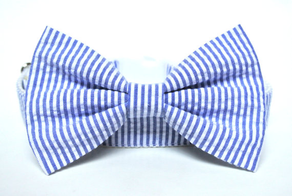 Hochzeit - Seersucker Dog Collar 3/4" or 1" Bow Tie Dog Collar