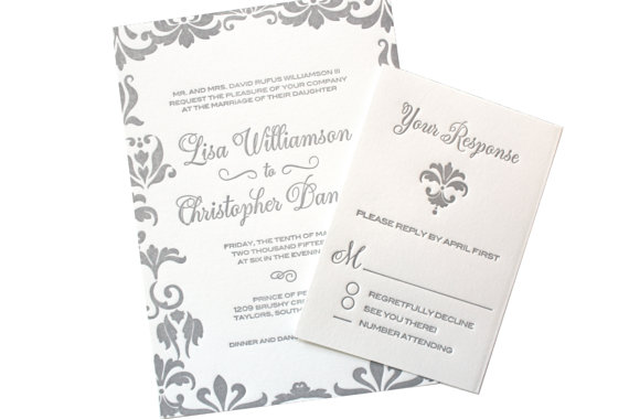Свадьба - Damask Letterpress Wedding Invitation, Grey, Silver, Calligraphy Font, Luxury Style