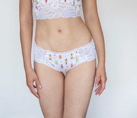 Wedding - Ice Cream. Soft Cotton and White Lace Panties. Cute Girly Lingerie