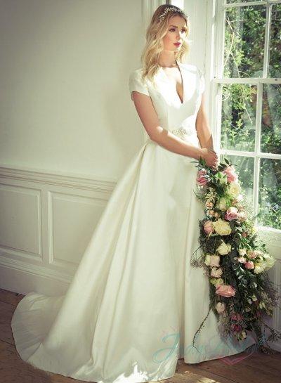 زفاف - JW15166 sexy vintage open back plunging neck satin wedding dress