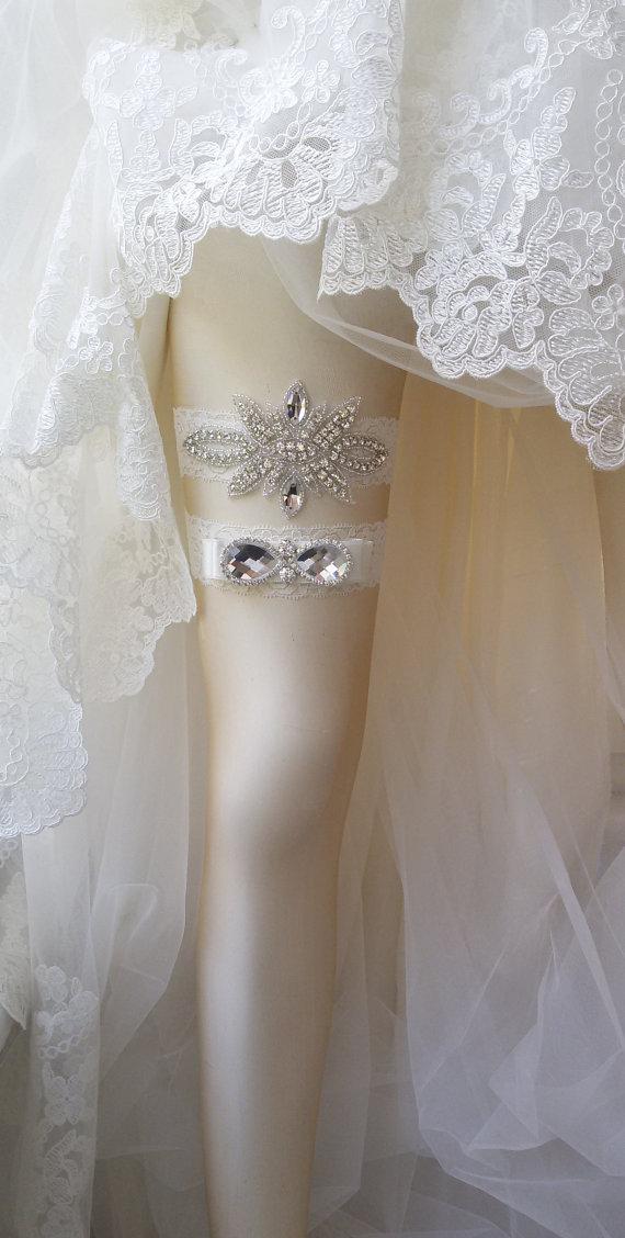 Hochzeit - Wedding Garter Set , Ivory Lace Garter Set, Bridal Leg Garter,Rustic Wedding Garter, Bridal Accessory, Rhinestone Crystal Bridal Garter