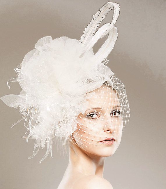Mariage - Eco Bridal Head Piece - Weddings Unique Head Dress Fascinator - Handmade Birdcage Veiling - Designer - Feathers Recycled Plastic Bottles