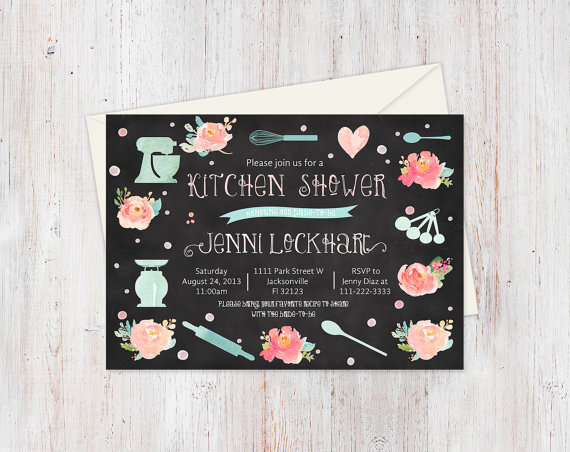 Hochzeit - Kitchen shower invitation, printable kitchen shower invite, kitchen bridal shower, chalkboard, mint pink peach, baking party invitation