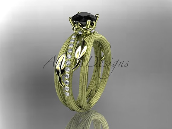 Hochzeit - 14kt  yellow gold diamond leaf and vine wedding ring,engagement ring with black diamond center stone, ADLR329