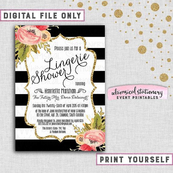 Wedding - Lingerie Shower Invitation "Black and White, Florals"  Collection (Printable File Only) Flowers Rustic Elegance Country Gold Glitter