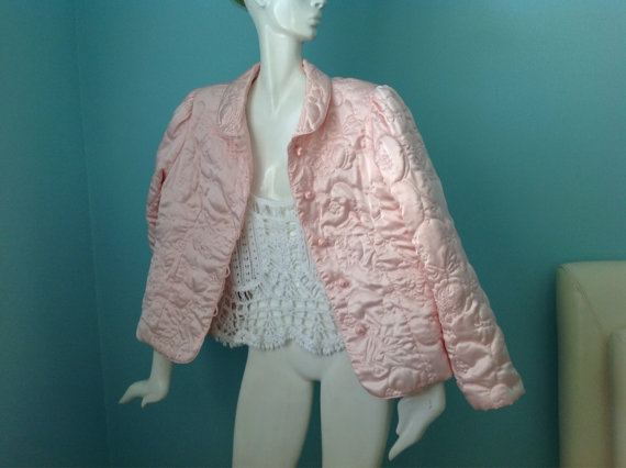 زفاف - BRIDAL 60s house bed jacket pearl baby pink Nordstrom lingerie Small/Medium S/M pegnoir feminine romantic mid century