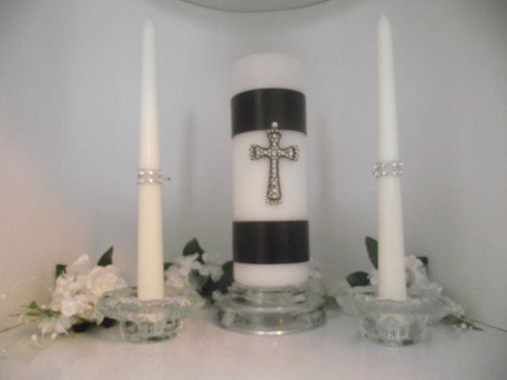 Wedding - Diamond Studded Cross unity candle set with diamond studded tapers to match with black vinyl
