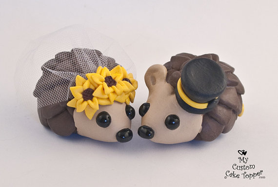 Wedding - Hedgehogs Bride and Groom Wedding Cake Topper with Sunflowers